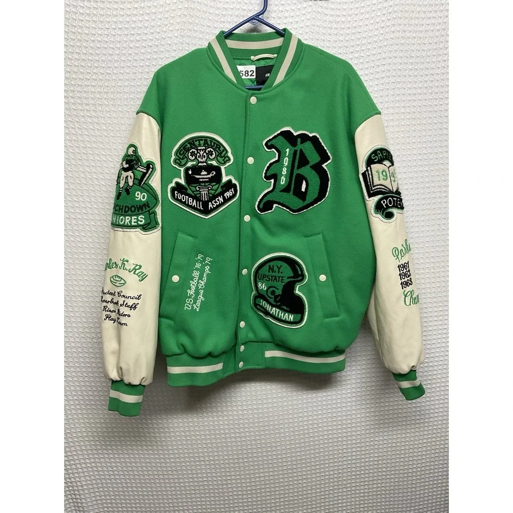H&M Varsity Jacket Mens Large Green Cream Embroidered Patch Football Activewear